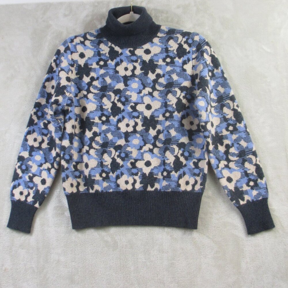 Plover Women Cashmere Floral Flower Turtleneck Pullover Sweater Gray Blue Tan XS